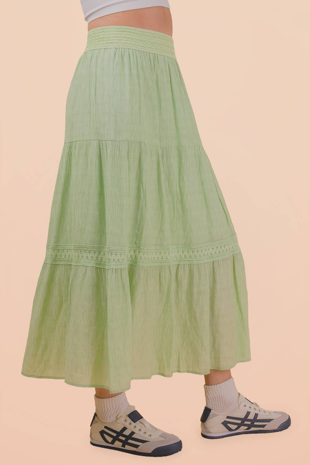 NS50200-Tiered Layers Solid Woven Mini Dress W/ Lace Trim