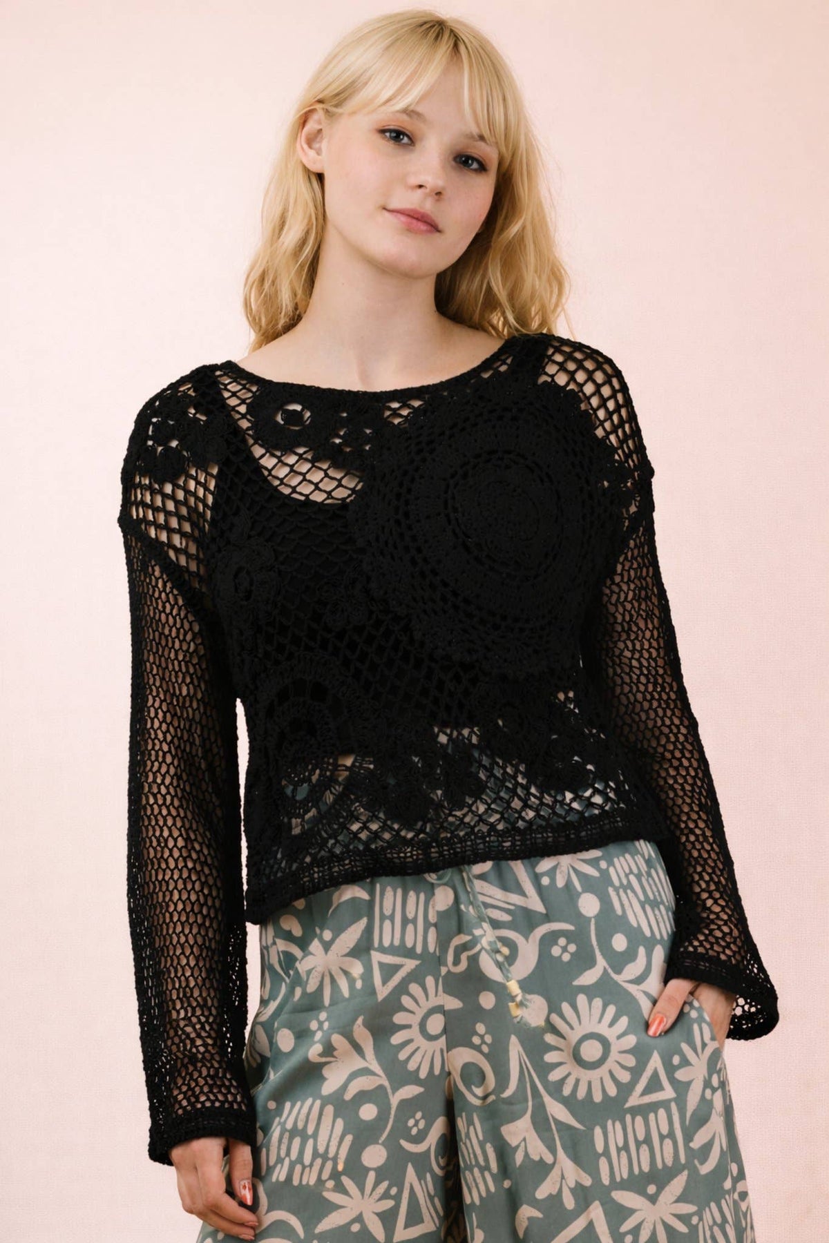 NT12142-Crochet Long Sleeve Knit Top