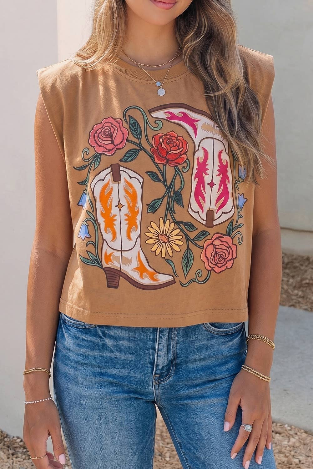 Western Floral Boots Sleeveless Top