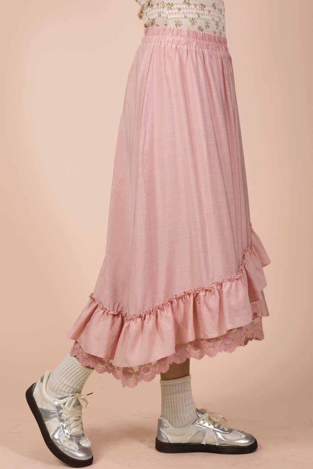 NS50204-Ruffle Hem Lace Trim Midi Dress