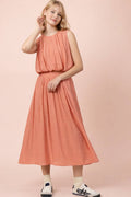 NT12643SET-Pleated Bubble Blouse Top & Midi Skirt Set