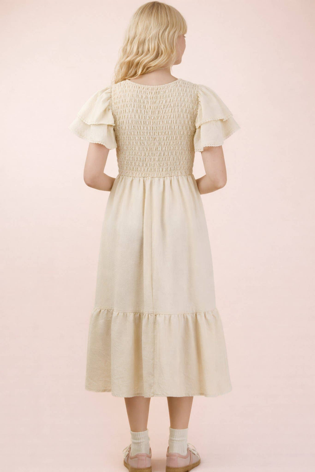 ND32042-Smocking Torso Ruffle Sleeve Midi Dress