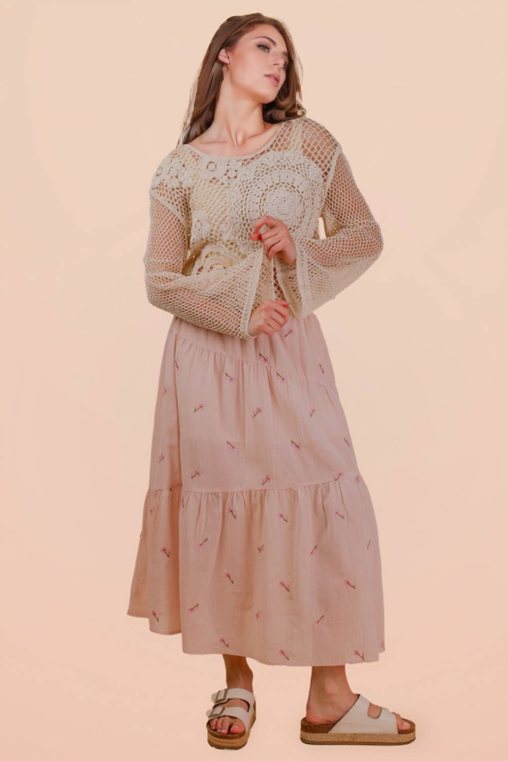 NT12142-Crochet Long Sleeve Knit Top