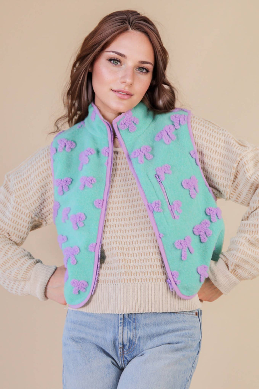 NJ90403-Textured Bow & Floral Printed Vest