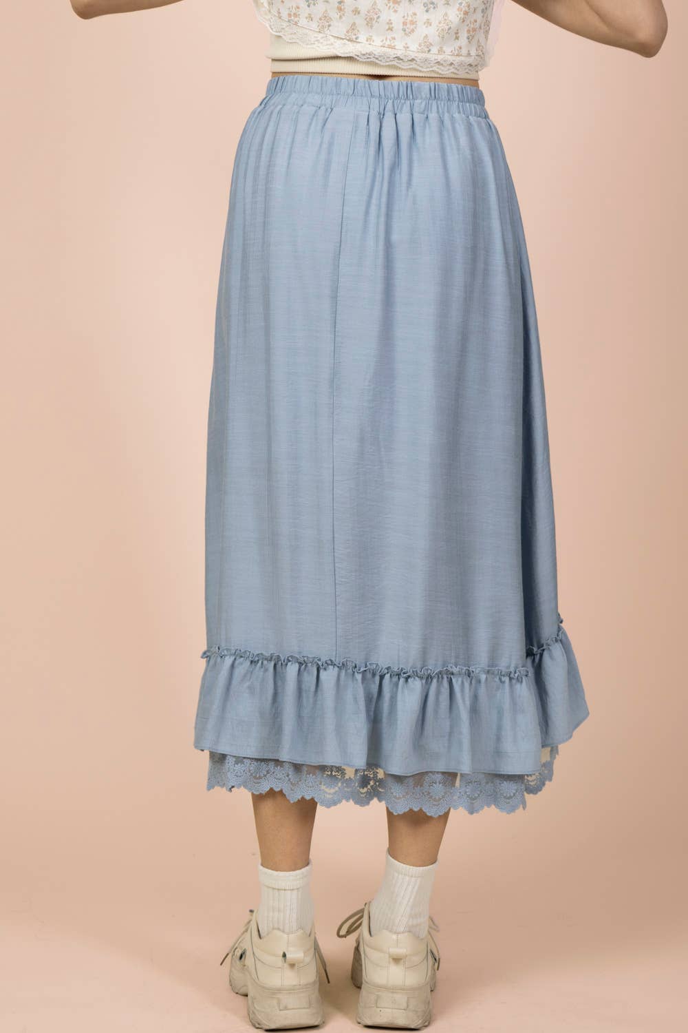 NS50204-Ruffle Hem Lace Trim Midi Dress