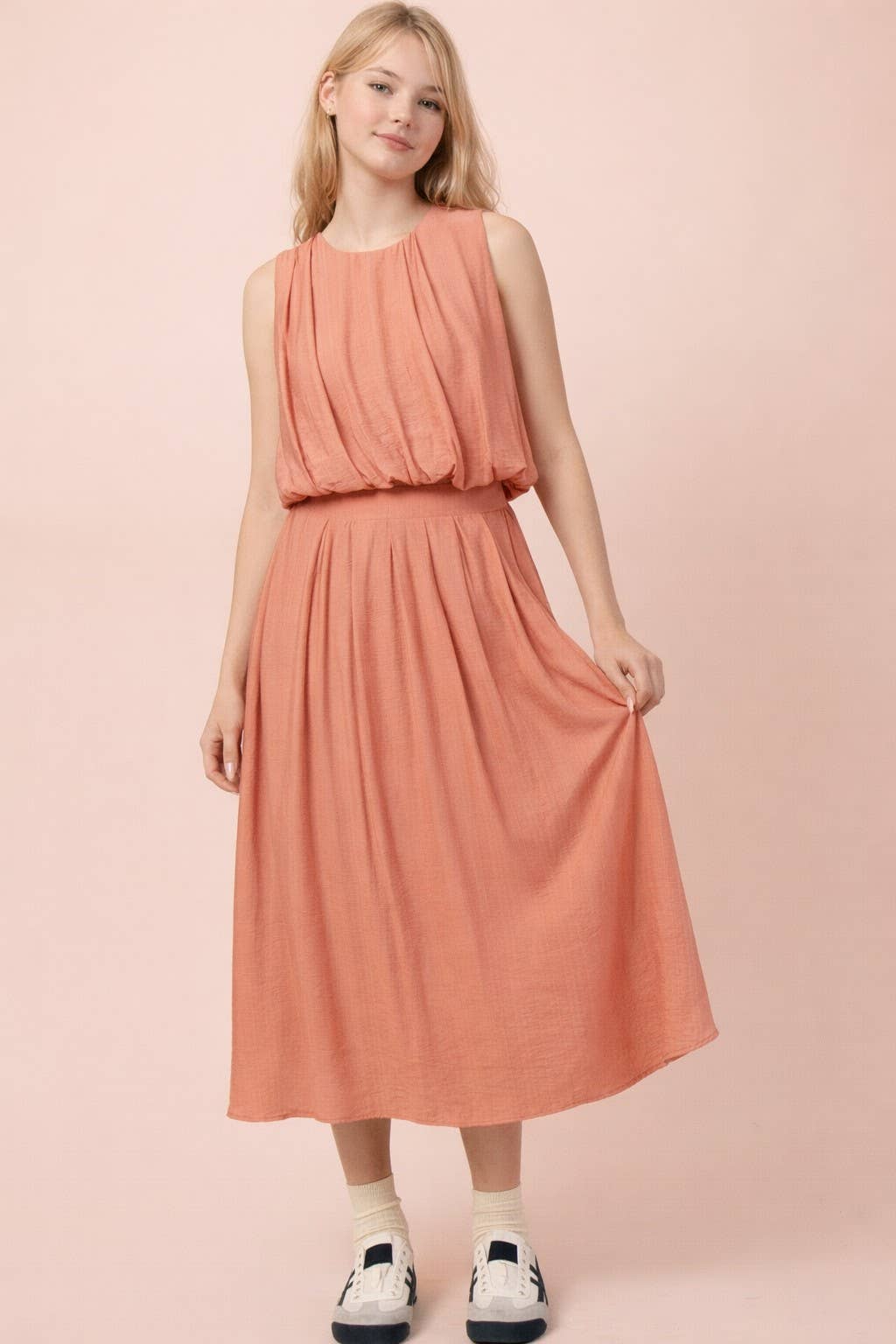 NT12643SET-Pleated Bubble Blouse Top & Midi Skirt Set