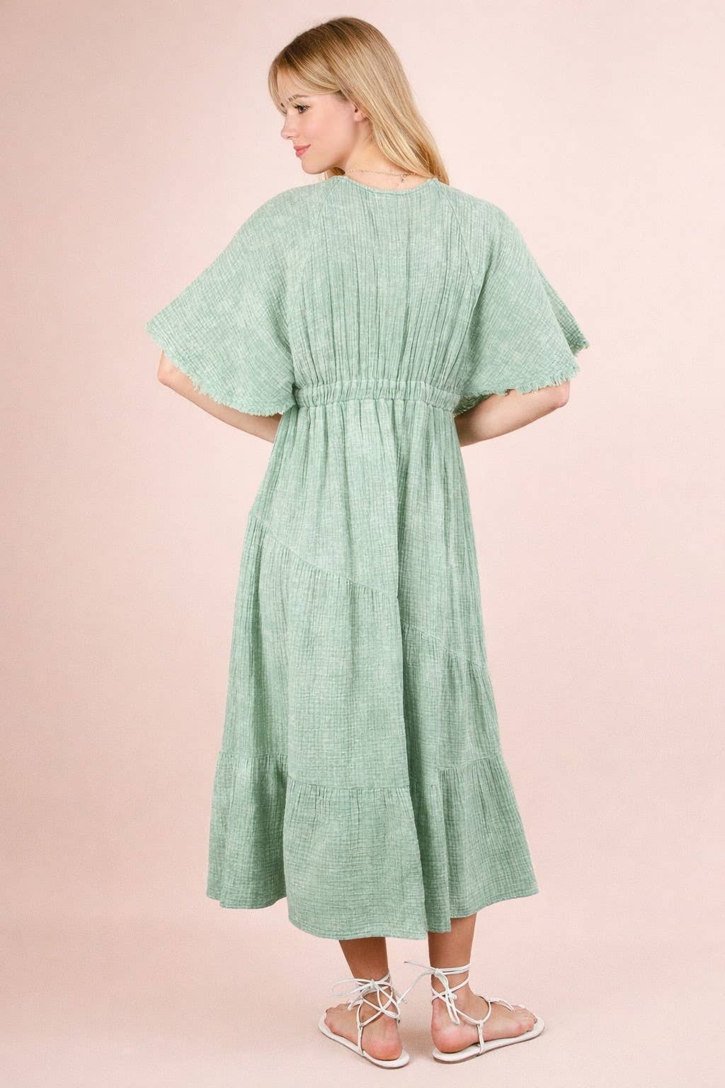 ND31584-Mineral Washed Elastic Neck Detail Midi Dress