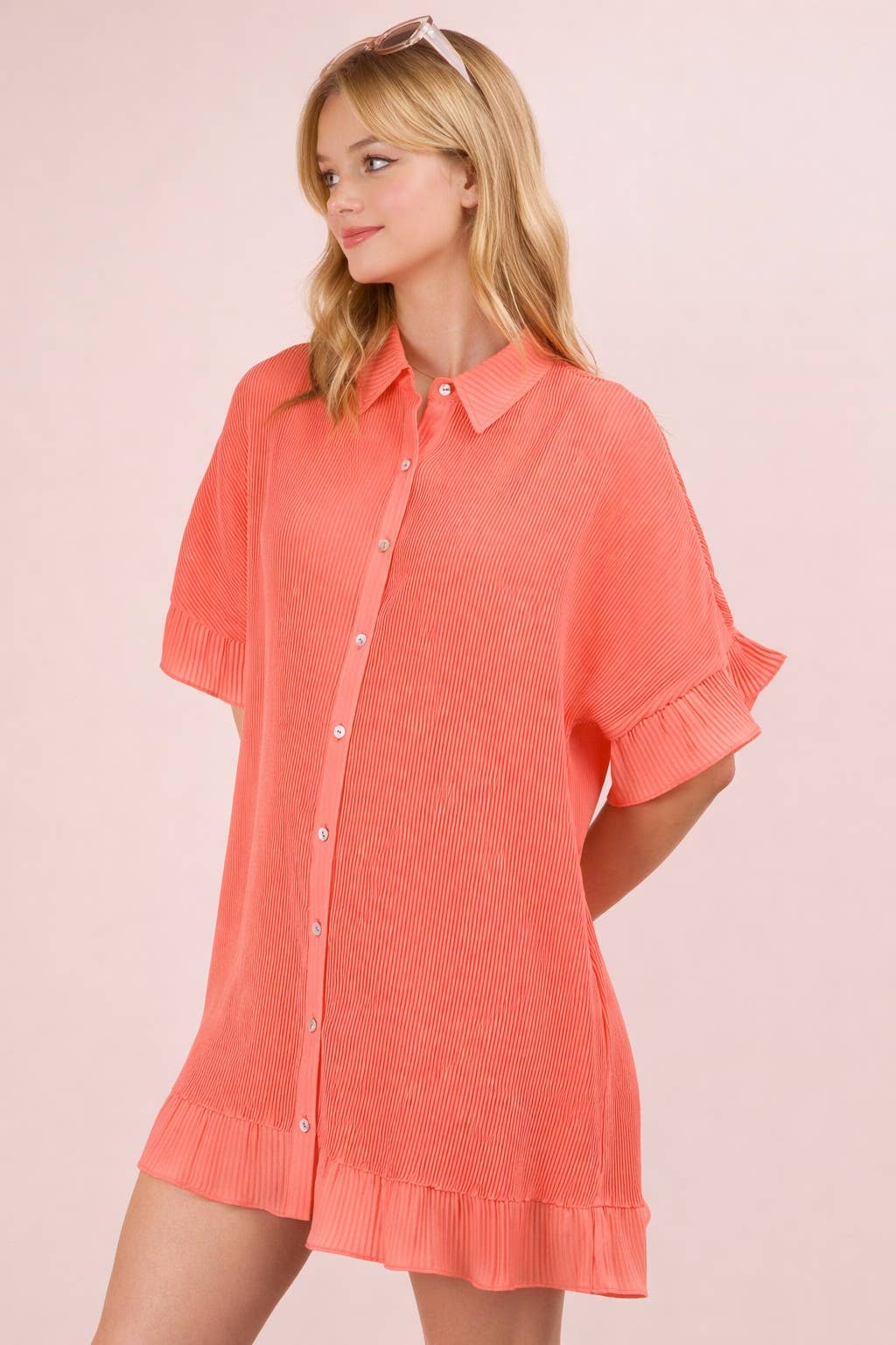 ND31602-Pleated Detail Button Down Mini Dress