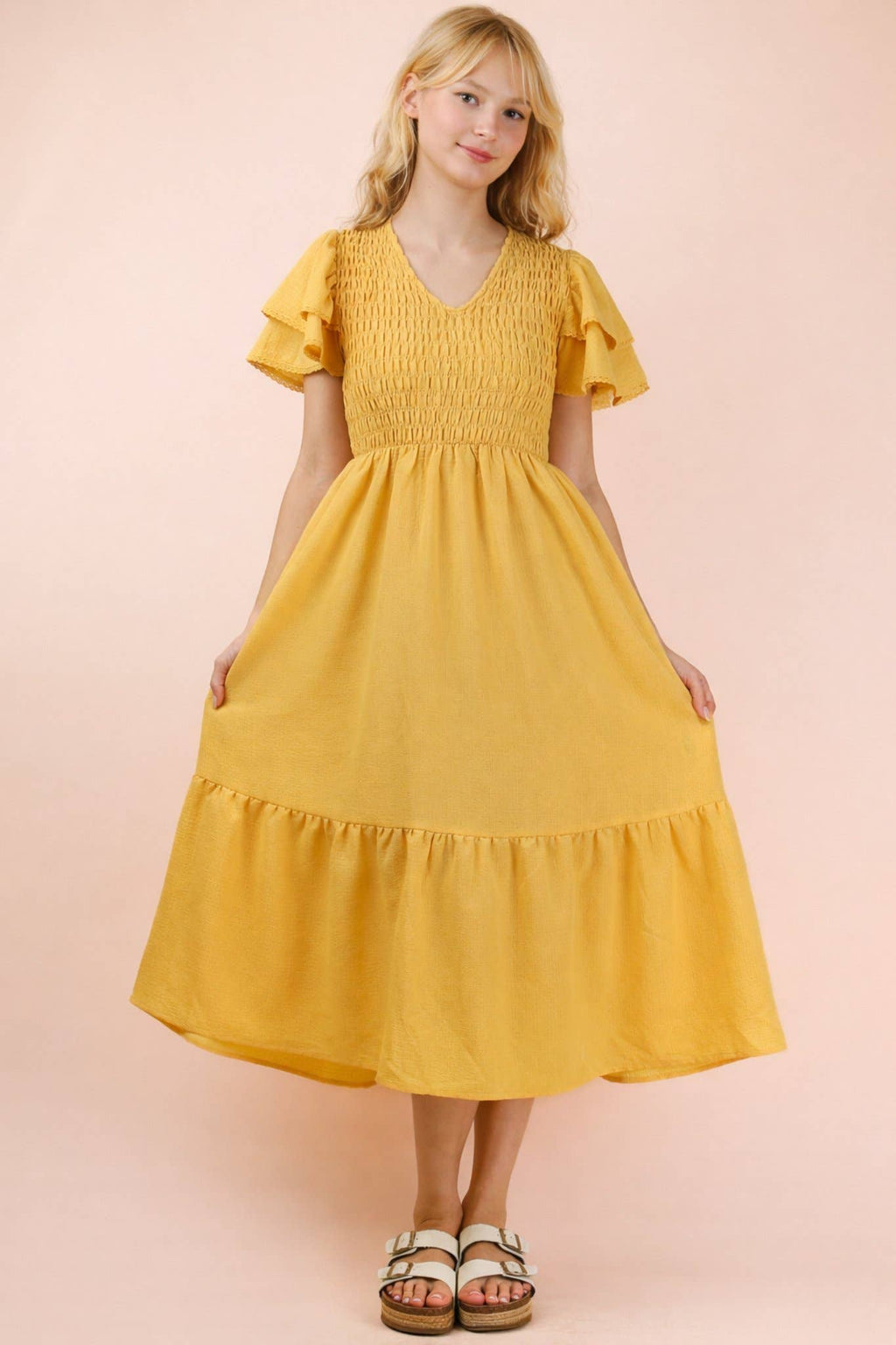 ND32042-Smocking Torso Ruffle Sleeve Midi Dress