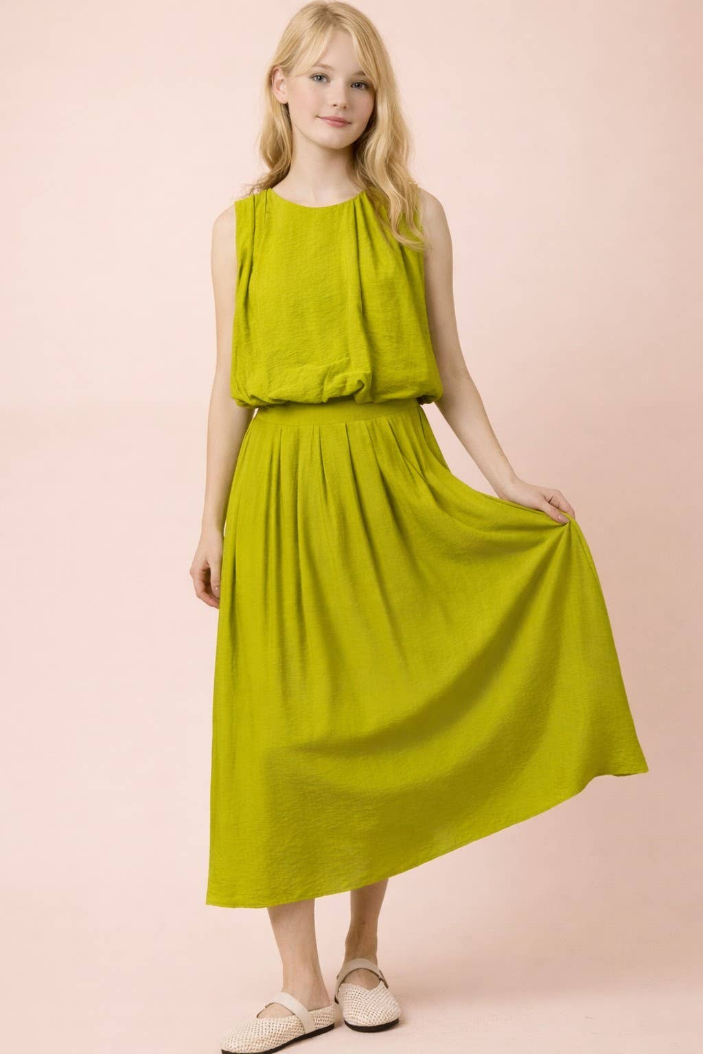 NT12643SET-Pleated Bubble Blouse Top & Midi Skirt Set