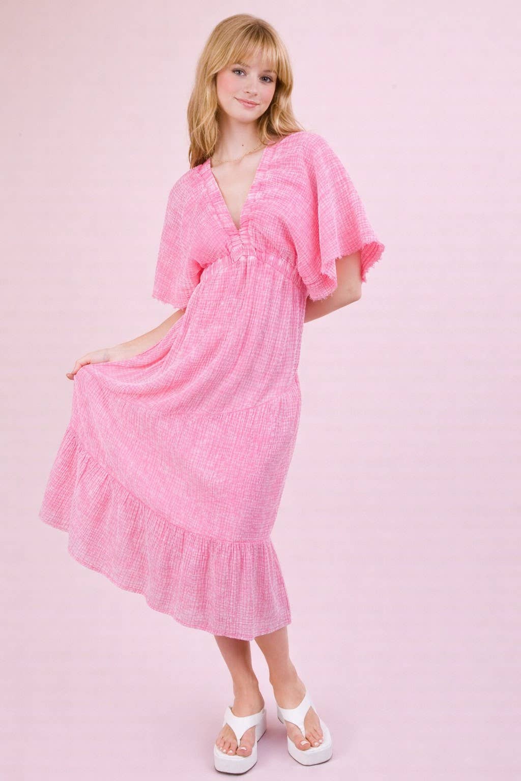 ND31584-Mineral Washed Elastic Neck Detail Midi Dress