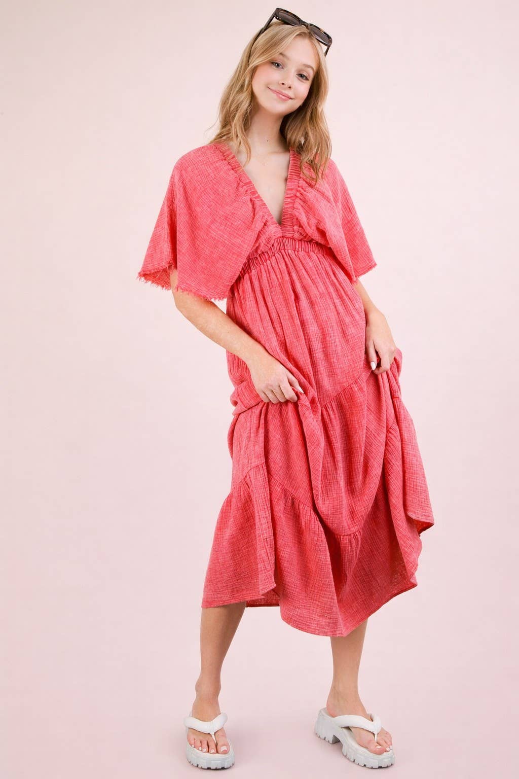 ND31584-Mineral Washed Elastic Neck Detail Midi Dress
