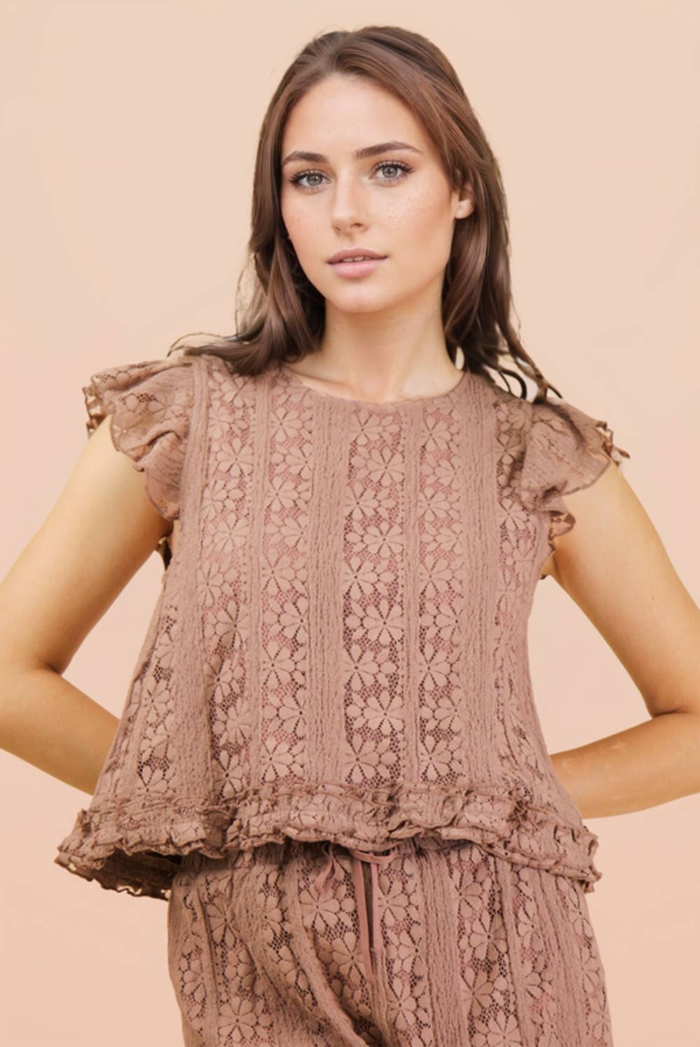 NT12510-Shoulder Ruffle Detail Lace Top