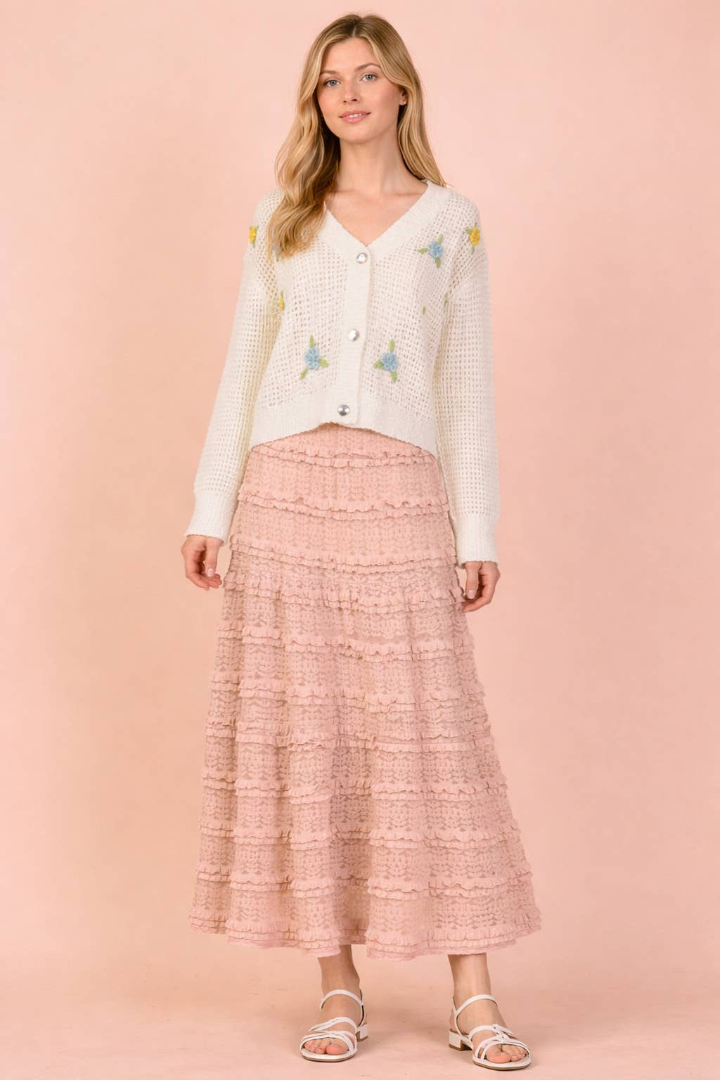 NS50182-Tiered Layered Lace Midi Skirt