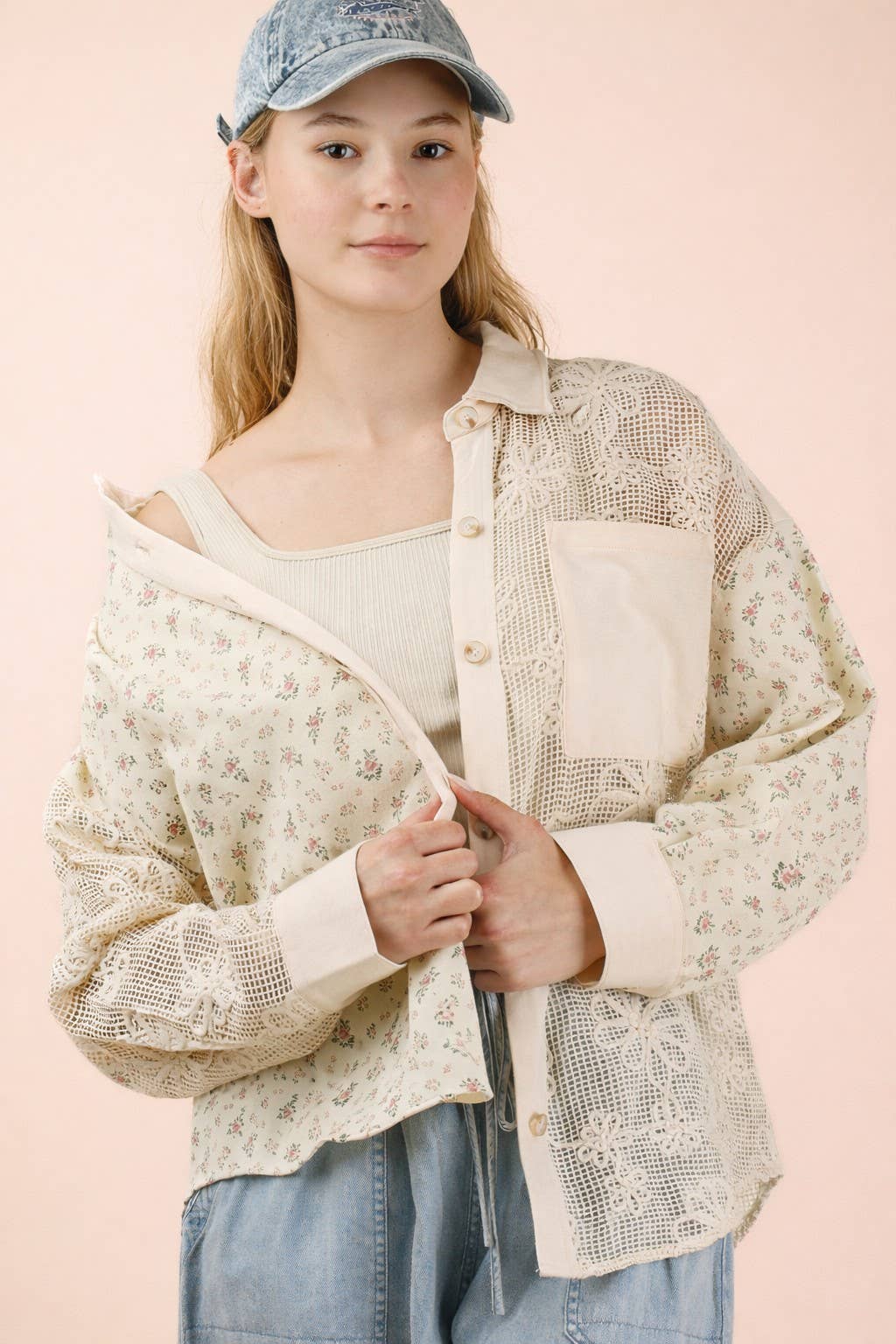 NT12590-Vintage Floral Lace Patchwork Shirt