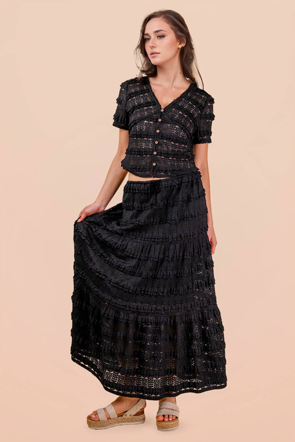 NS50182-Tiered Layered Lace Midi Skirt