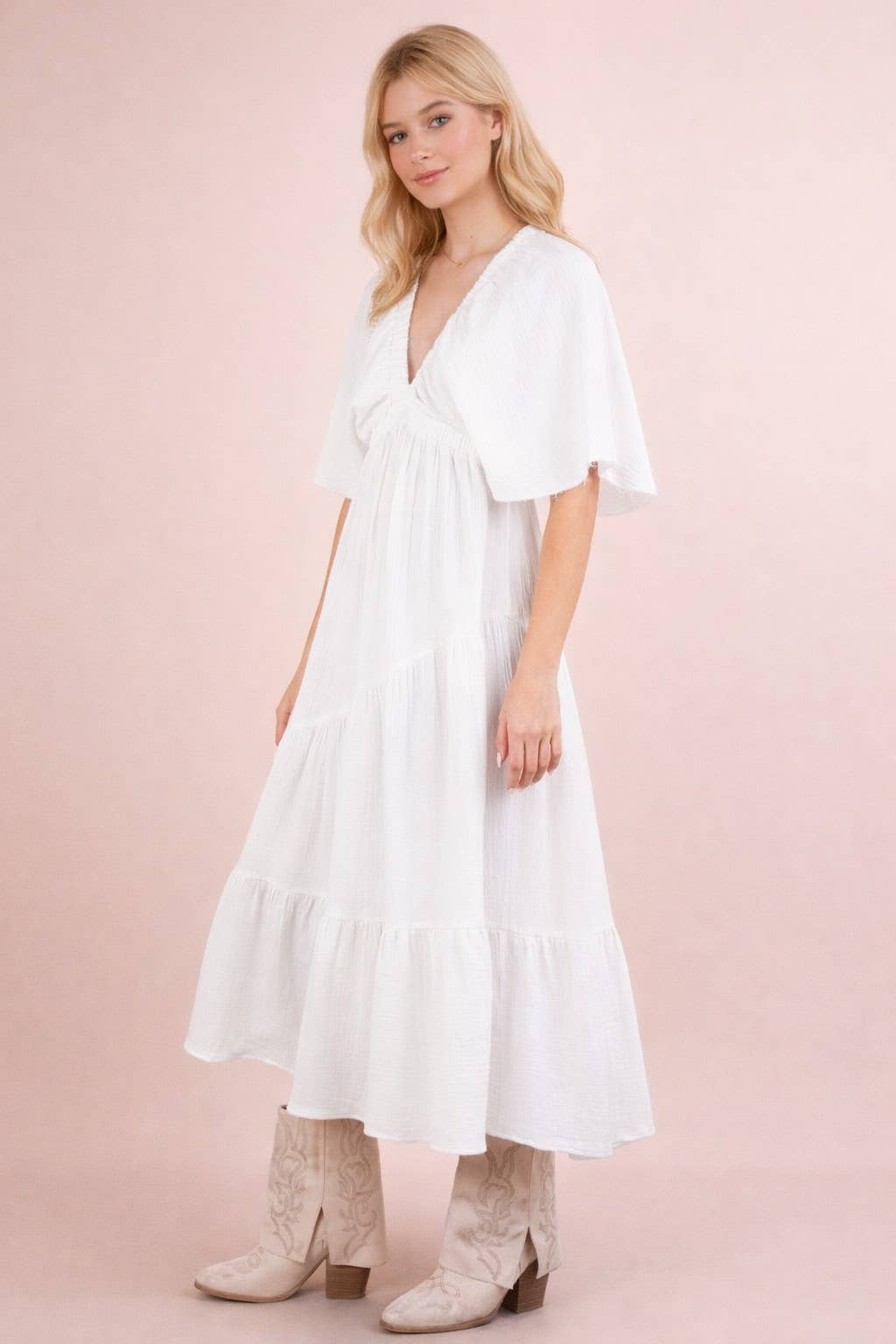 ND31584-Mineral Washed Elastic Neck Detail Midi Dress