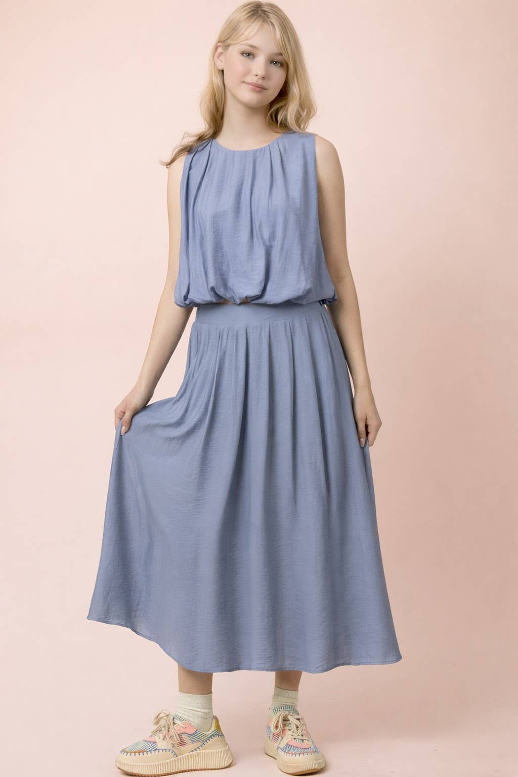 NT12643SET-Pleated Bubble Blouse Top & Midi Skirt Set