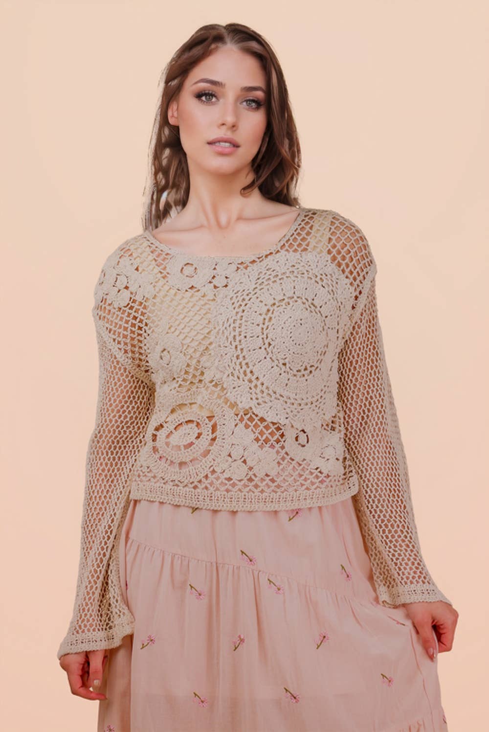 NT12142-Crochet Long Sleeve Knit Top