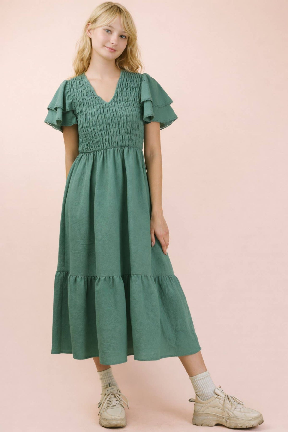 ND32042-Smocking Torso Ruffle Sleeve Midi Dress