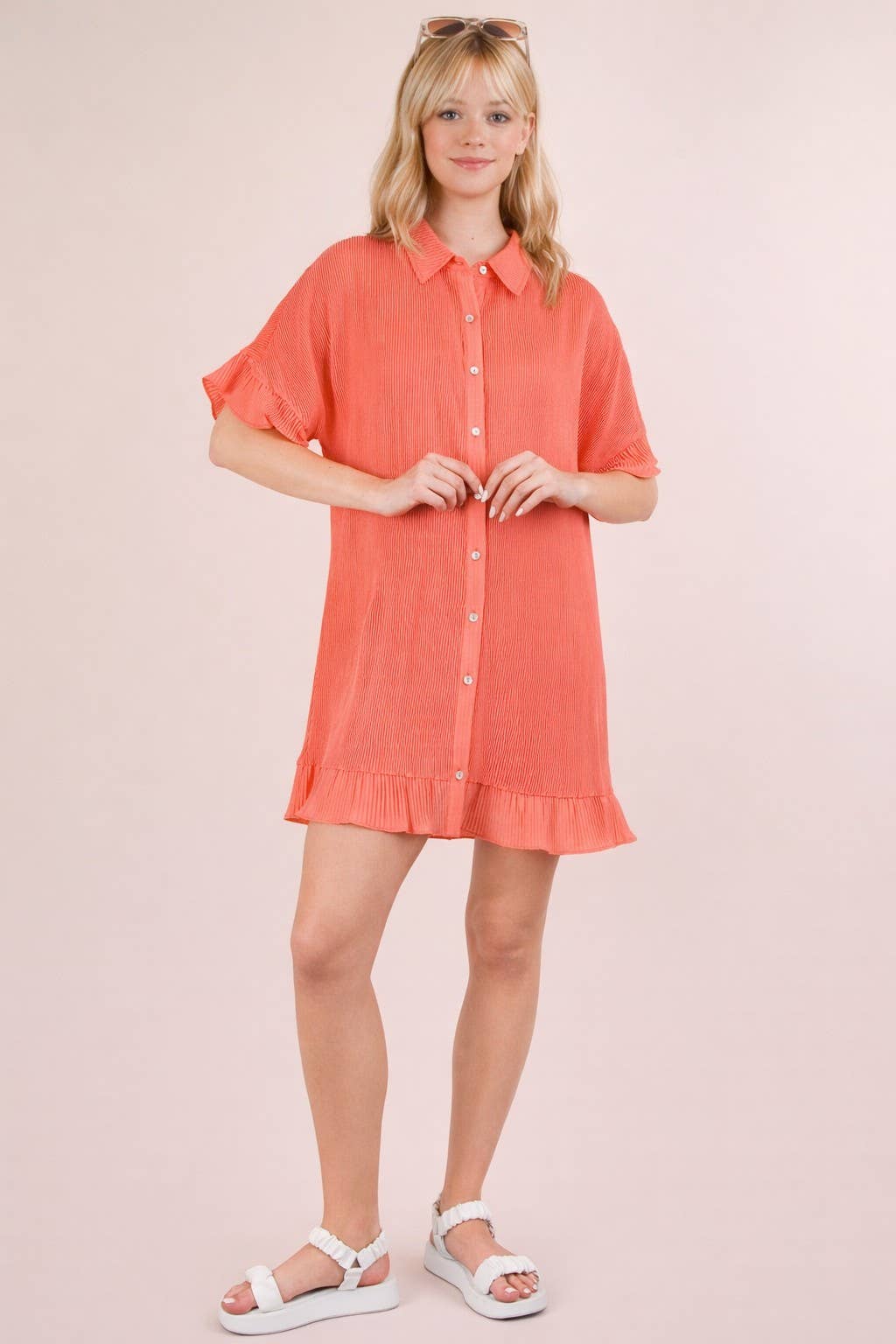 ND31602-Pleated Detail Button Down Mini Dress