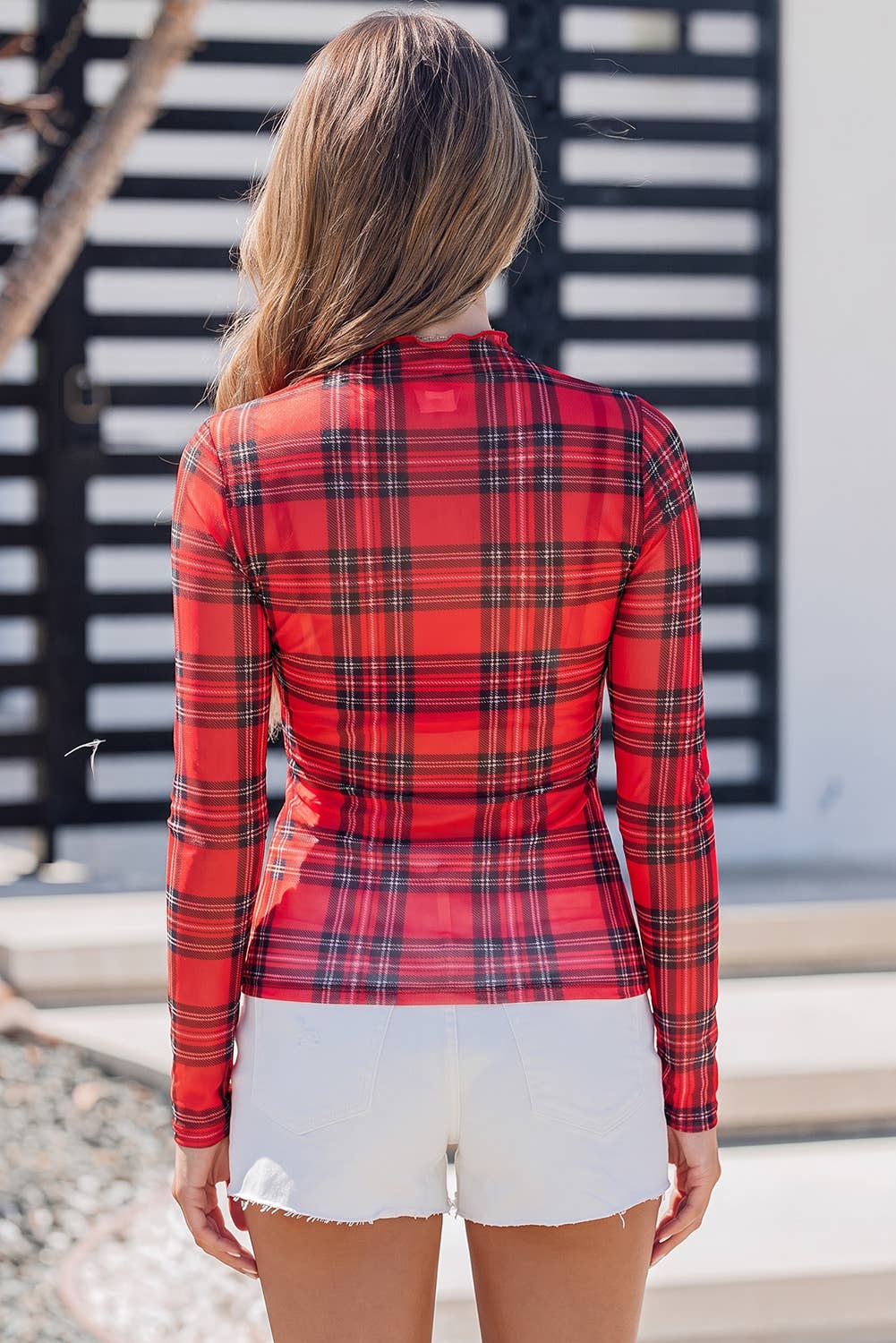 Plaid Mock Neck Mesh