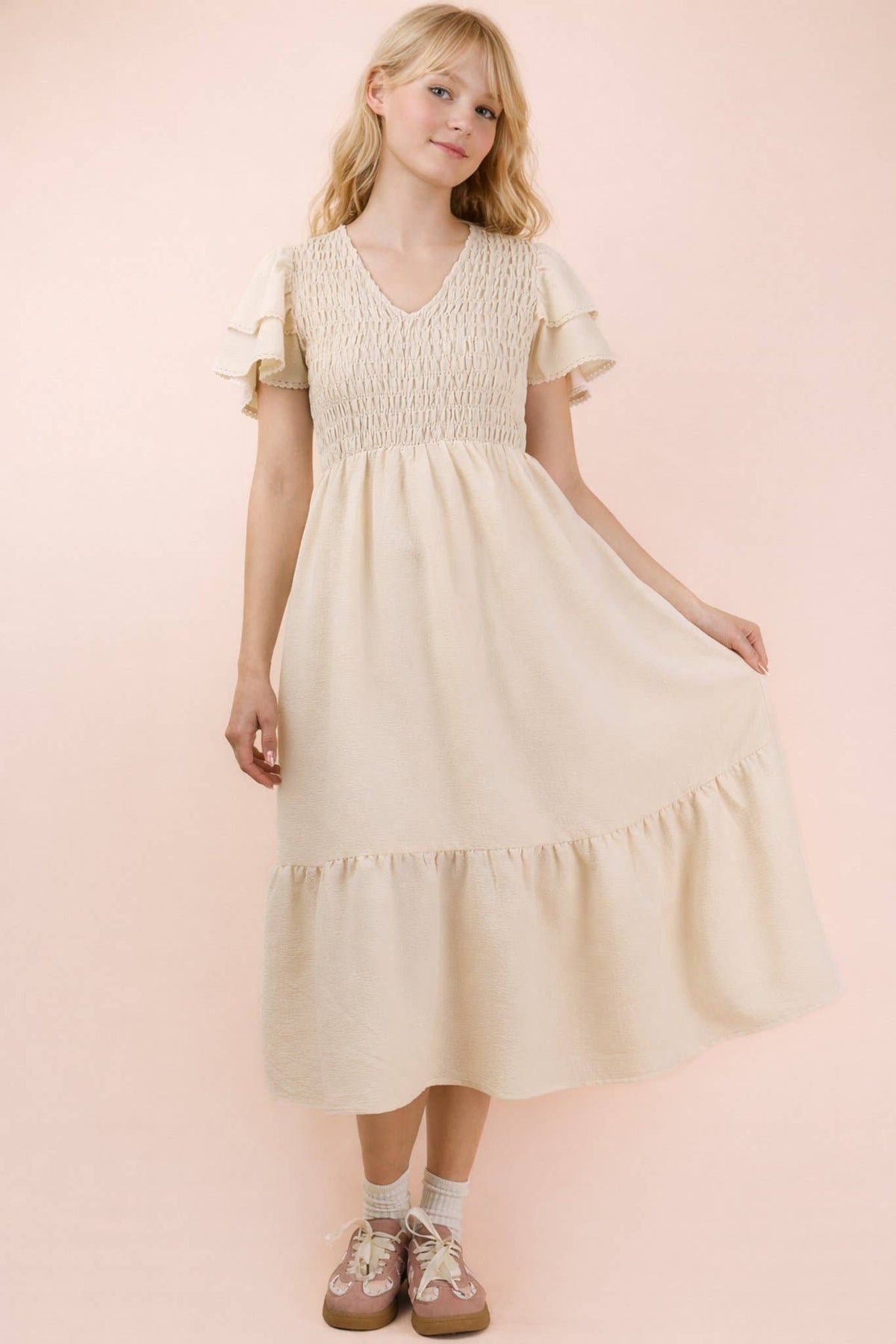 ND32042-Smocking Torso Ruffle Sleeve Midi Dress