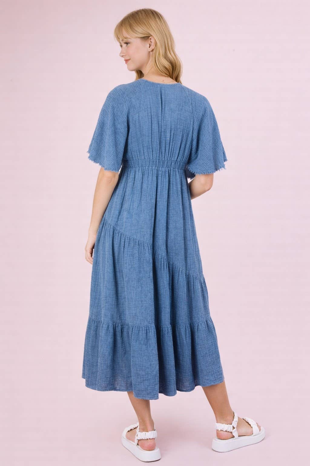 ND31584-Mineral Washed Elastic Neck Detail Midi Dress