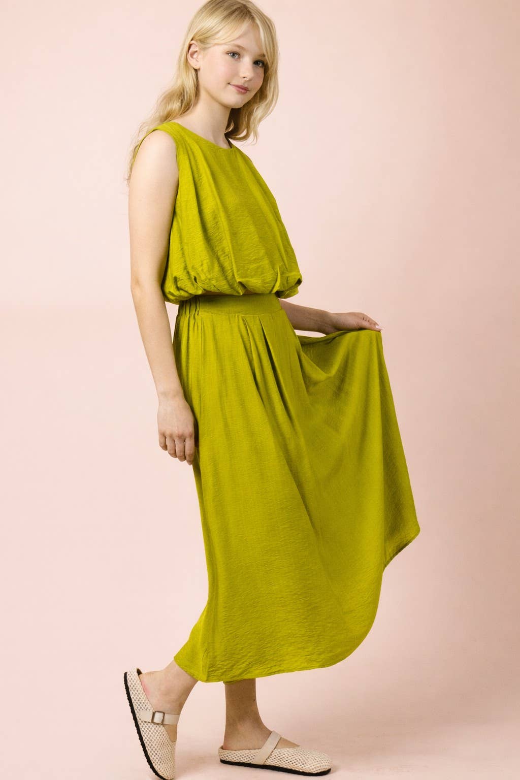 NT12643SET-Pleated Bubble Blouse Top & Midi Skirt Set