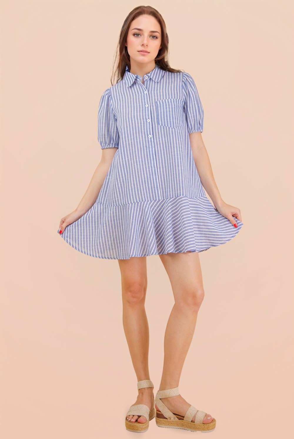 ND32029-Stripe Puff Sleeve Shirt Mini Dress