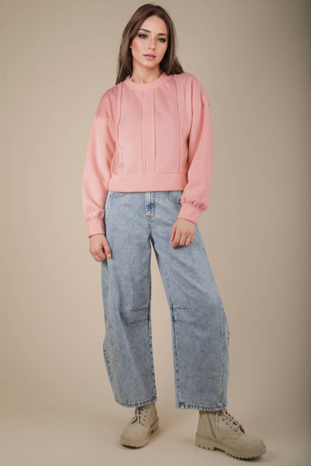 VT15193-Cable Contrast Detail Oversized Knit Crop Top