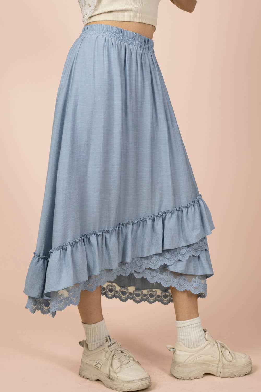 NS50204-Ruffle Hem Lace Trim Midi Dress