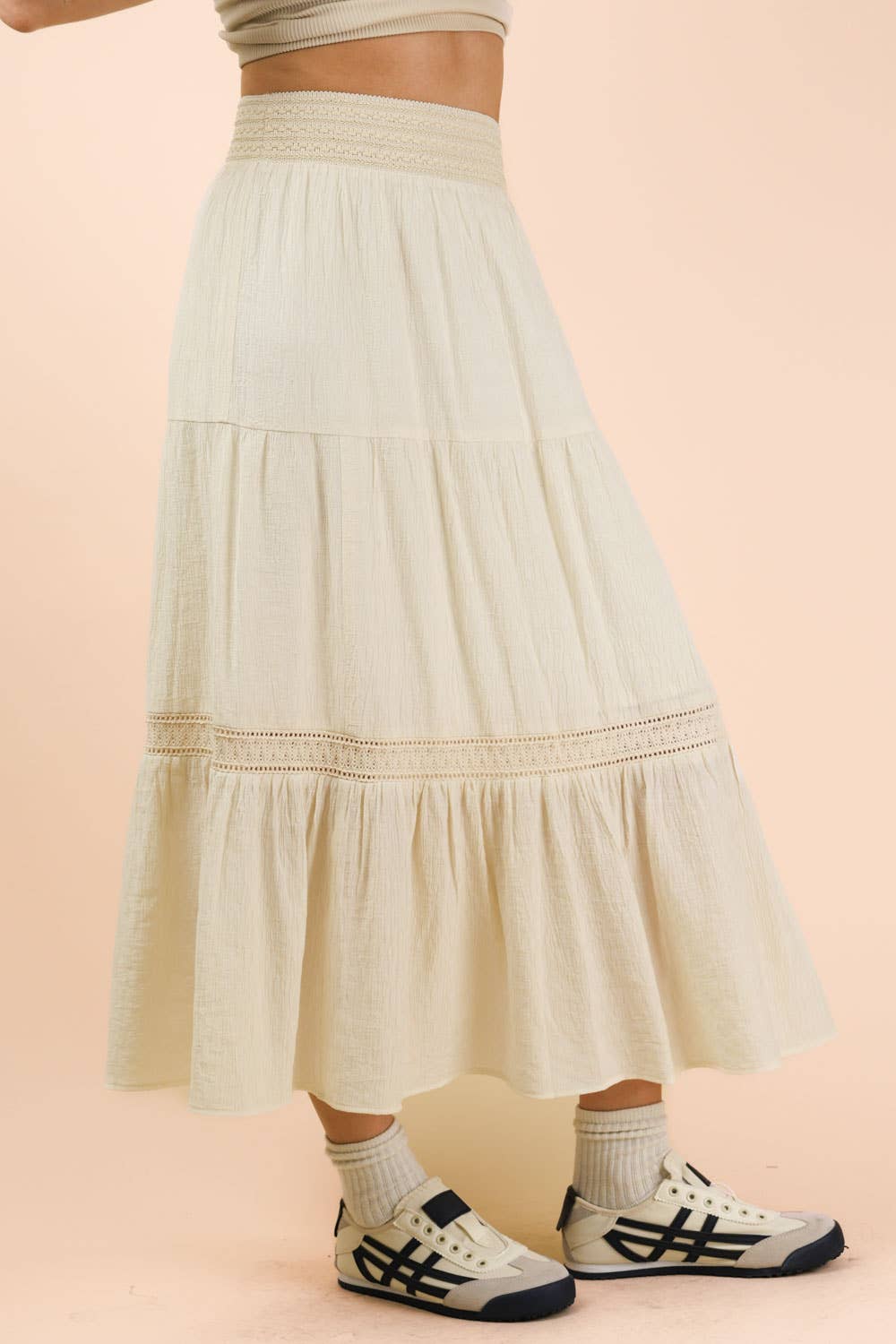 NS50200-Tiered Layers Solid Woven Mini Dress W/ Lace Trim