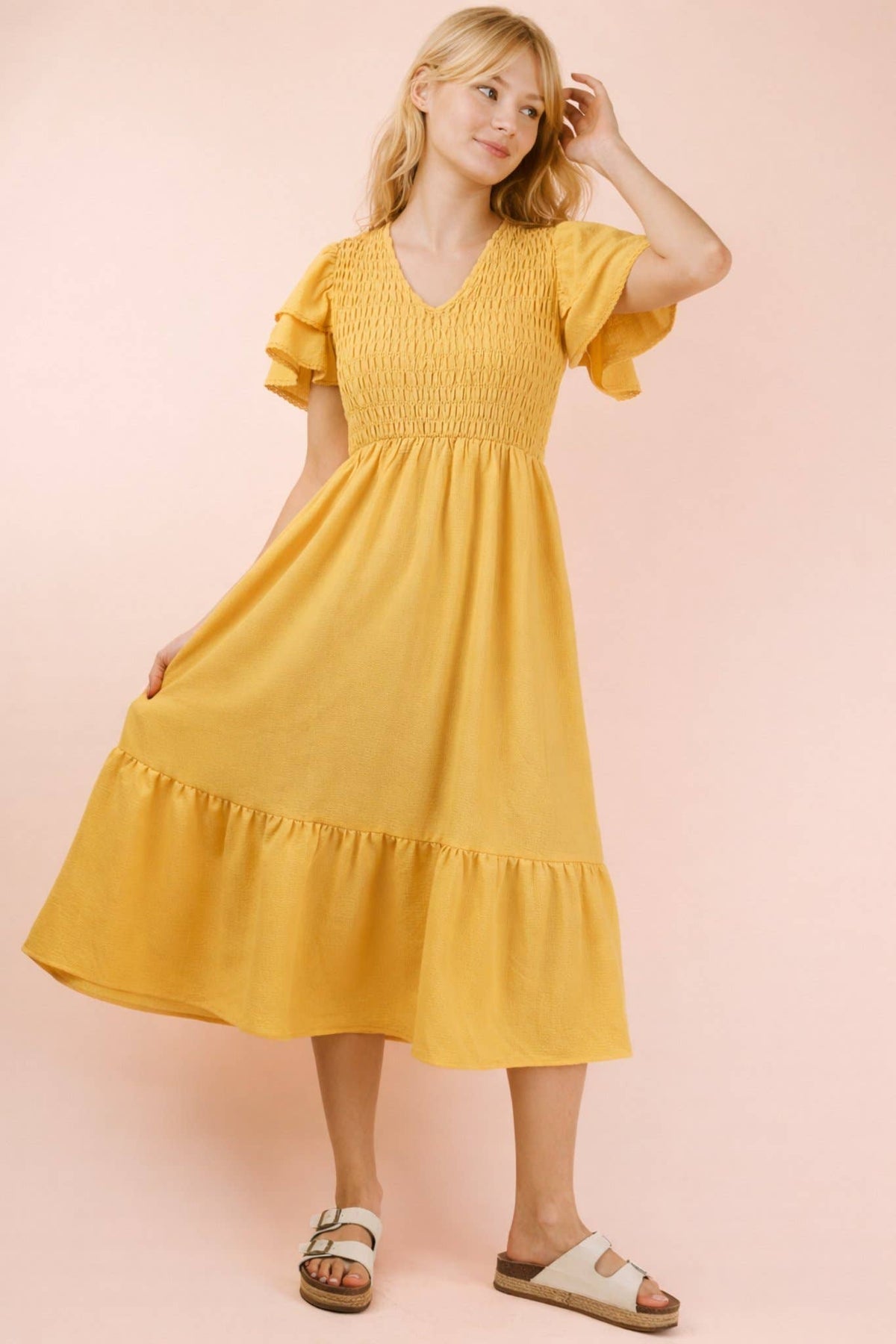 ND32042-Smocking Torso Ruffle Sleeve Midi Dress