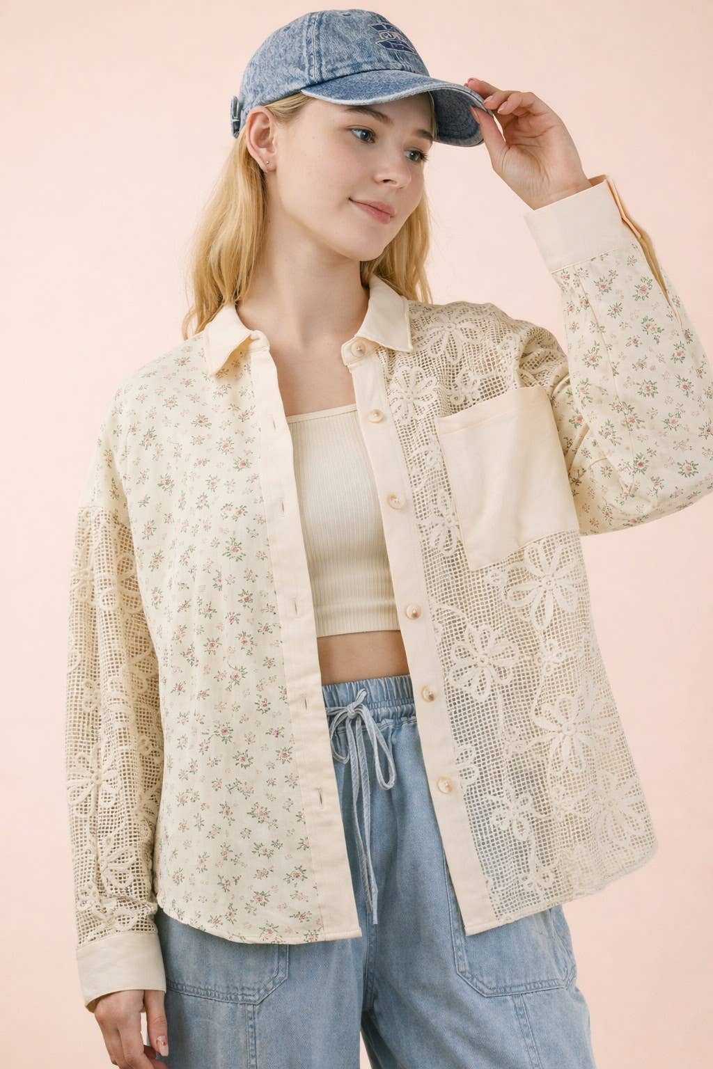 NT12590-Vintage Floral Lace Patchwork Shirt