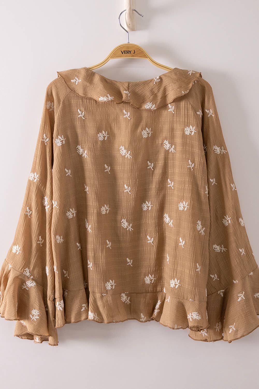 NT12596-Floral Embroidery Ruffled Blouse Top