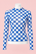 Blue Checkered Mesh Long Sleeve Top