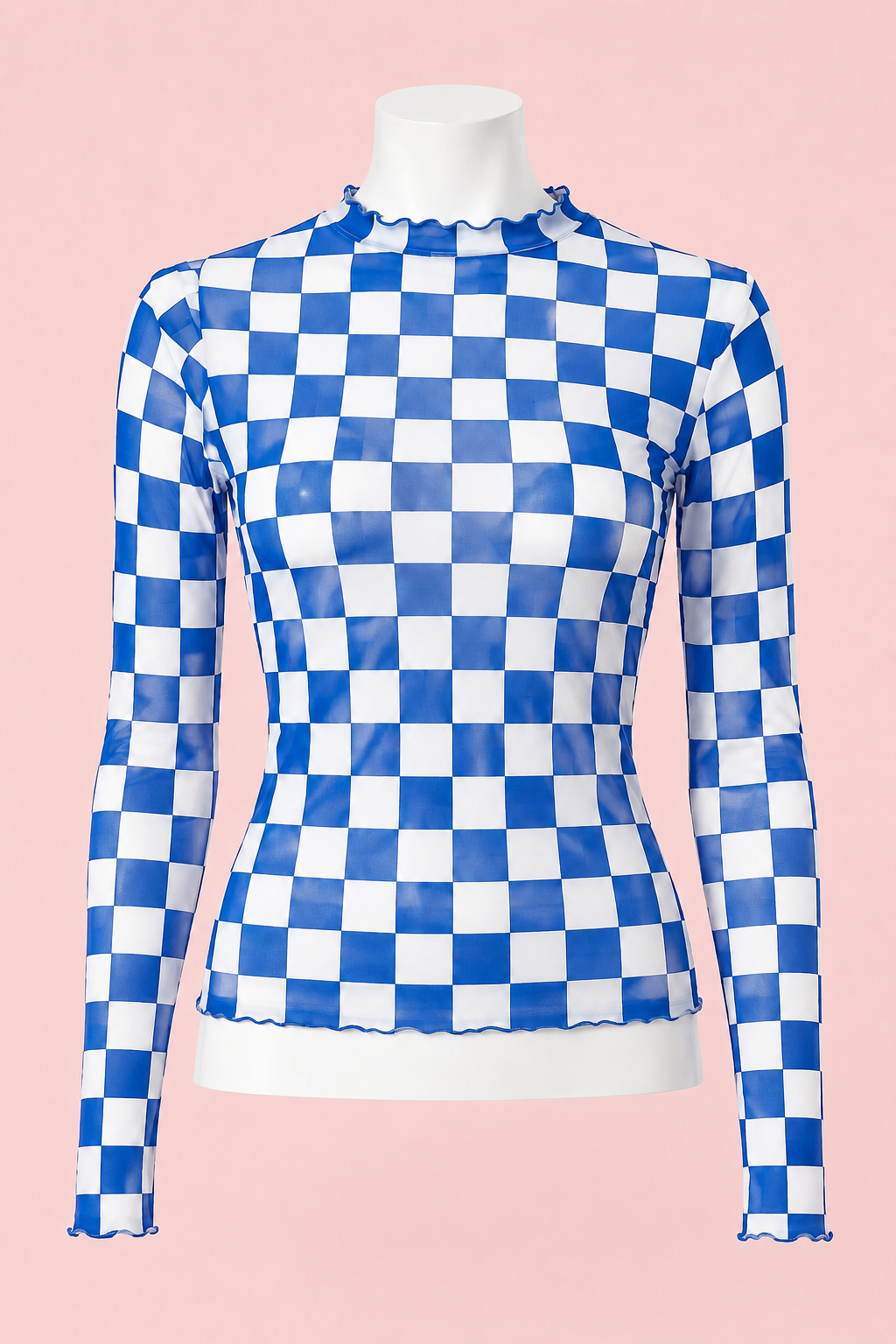 Blue Checkered Mesh Long Sleeve Top