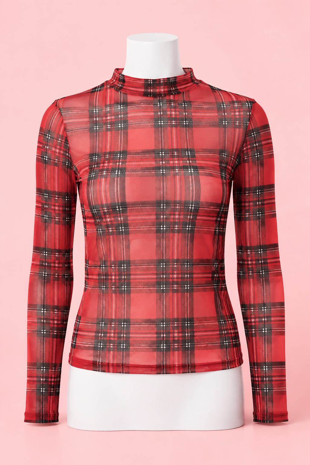 Plaid Mock Neck Mesh