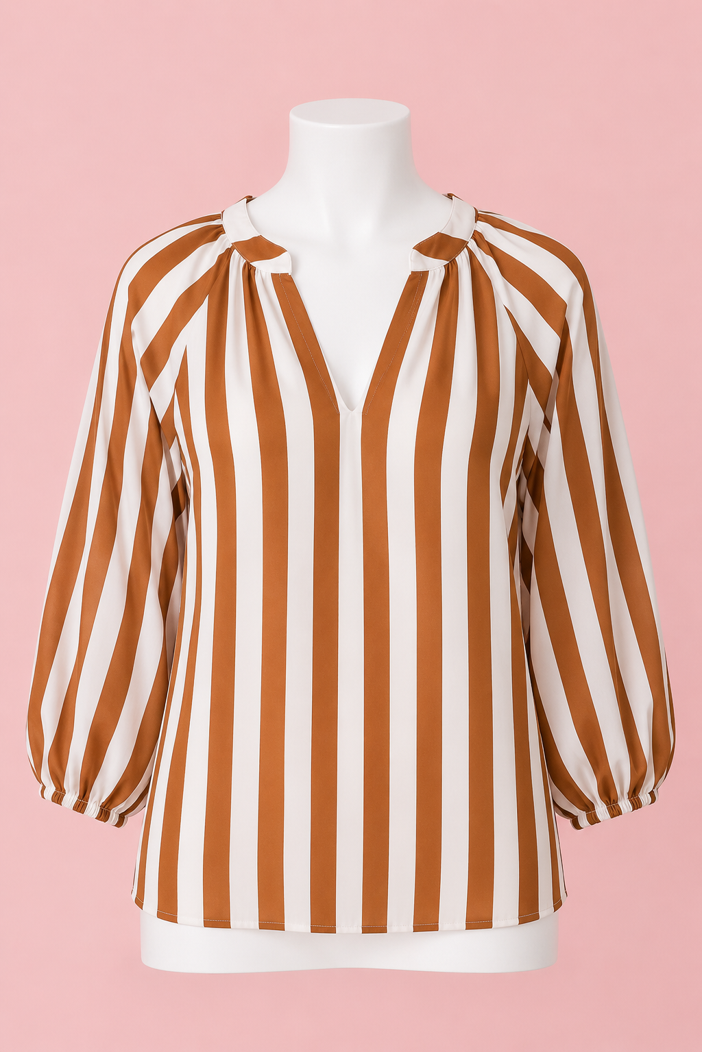 Striped V Neck Casual Blouse: Brown Stripe