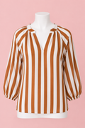 Striped V Neck Casual Blouse: Brown Stripe