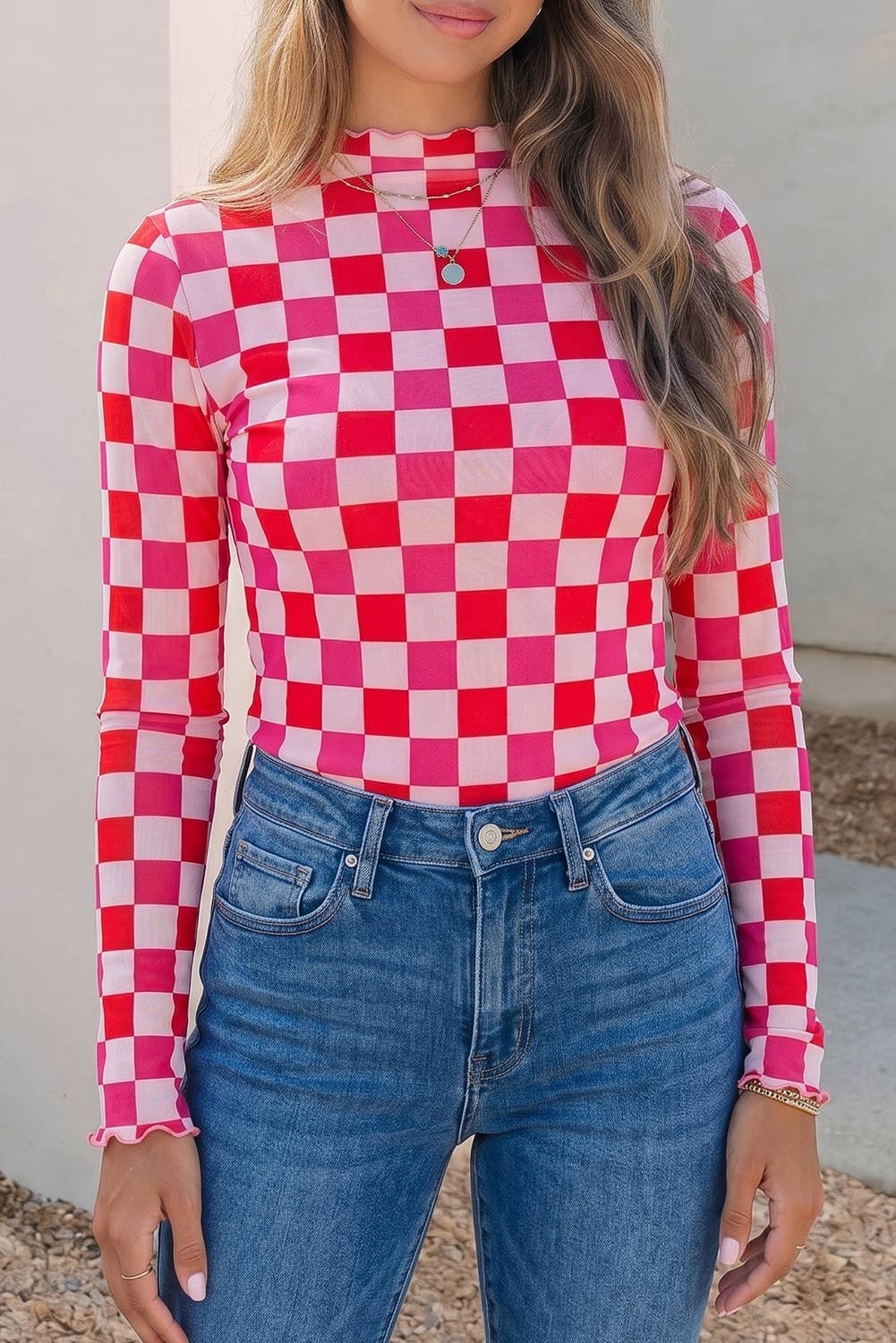 Rose Plaid Mesh Long Sleeve Top