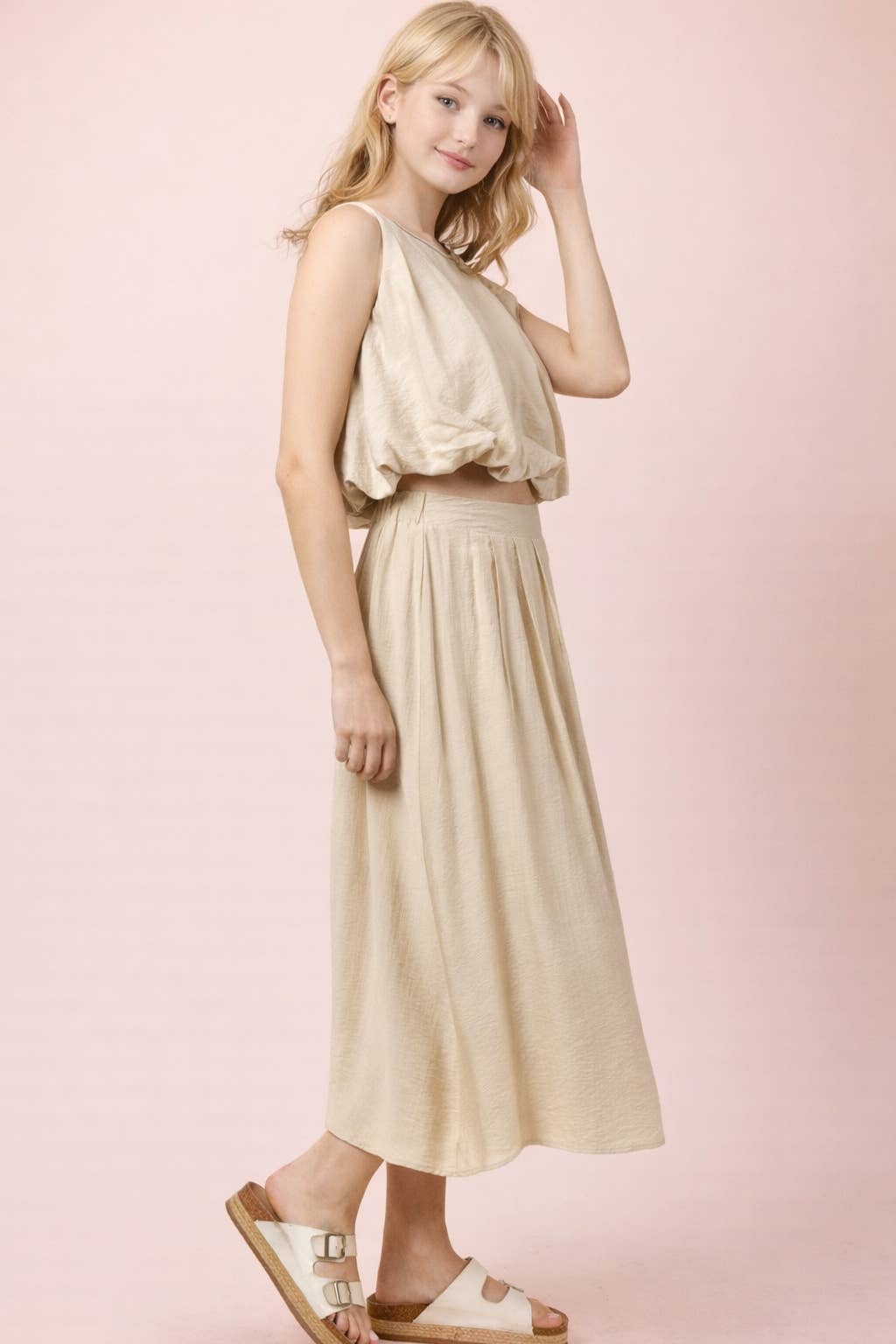 NT12643SET-Pleated Bubble Blouse Top & Midi Skirt Set