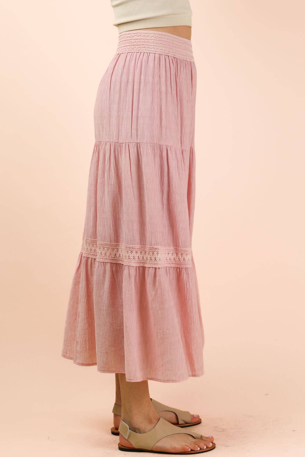NS50200-Tiered Layers Solid Woven Mini Dress W/ Lace Trim