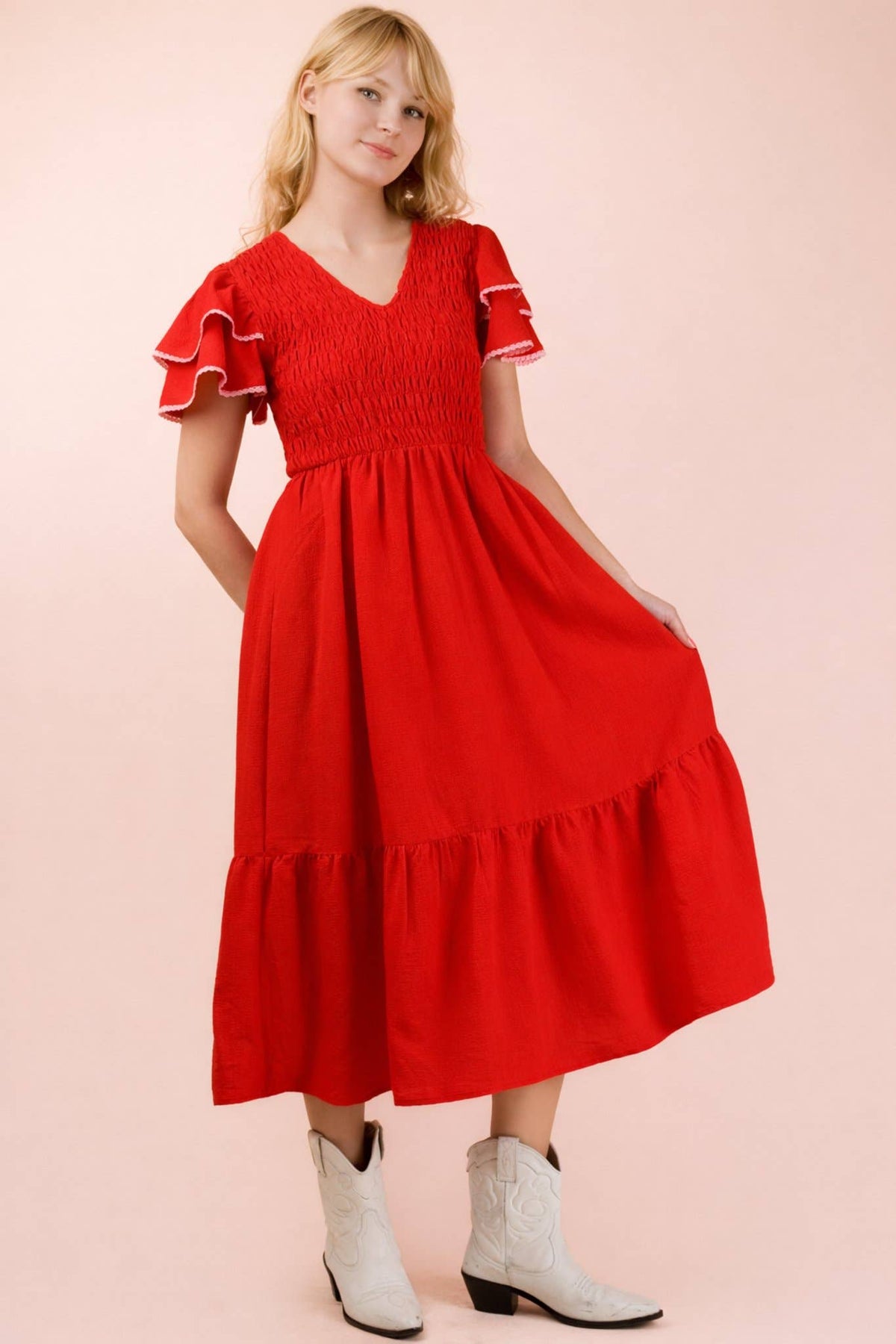 ND32042-Smocking Torso Ruffle Sleeve Midi Dress