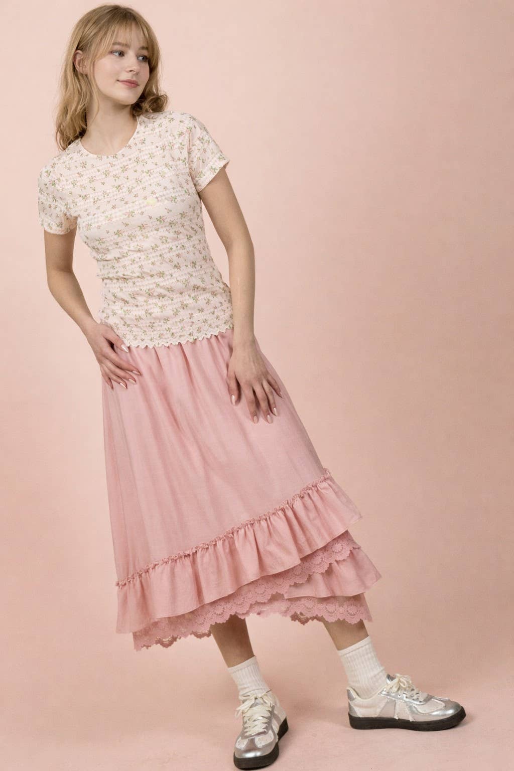 NS50204-Ruffle Hem Lace Trim Midi Dress