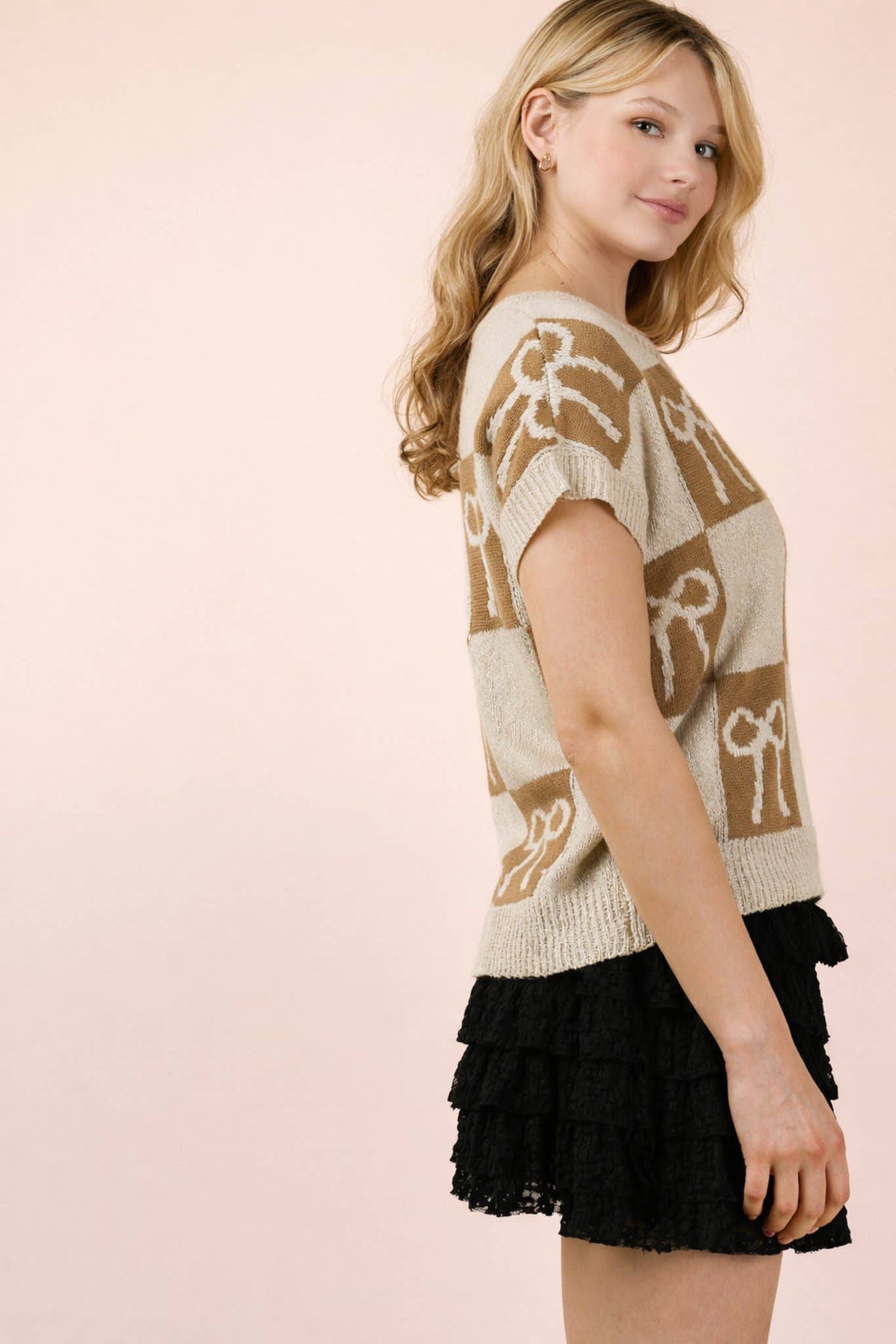 12W3370N-Bow Graphic Knit Summer Sweater Top