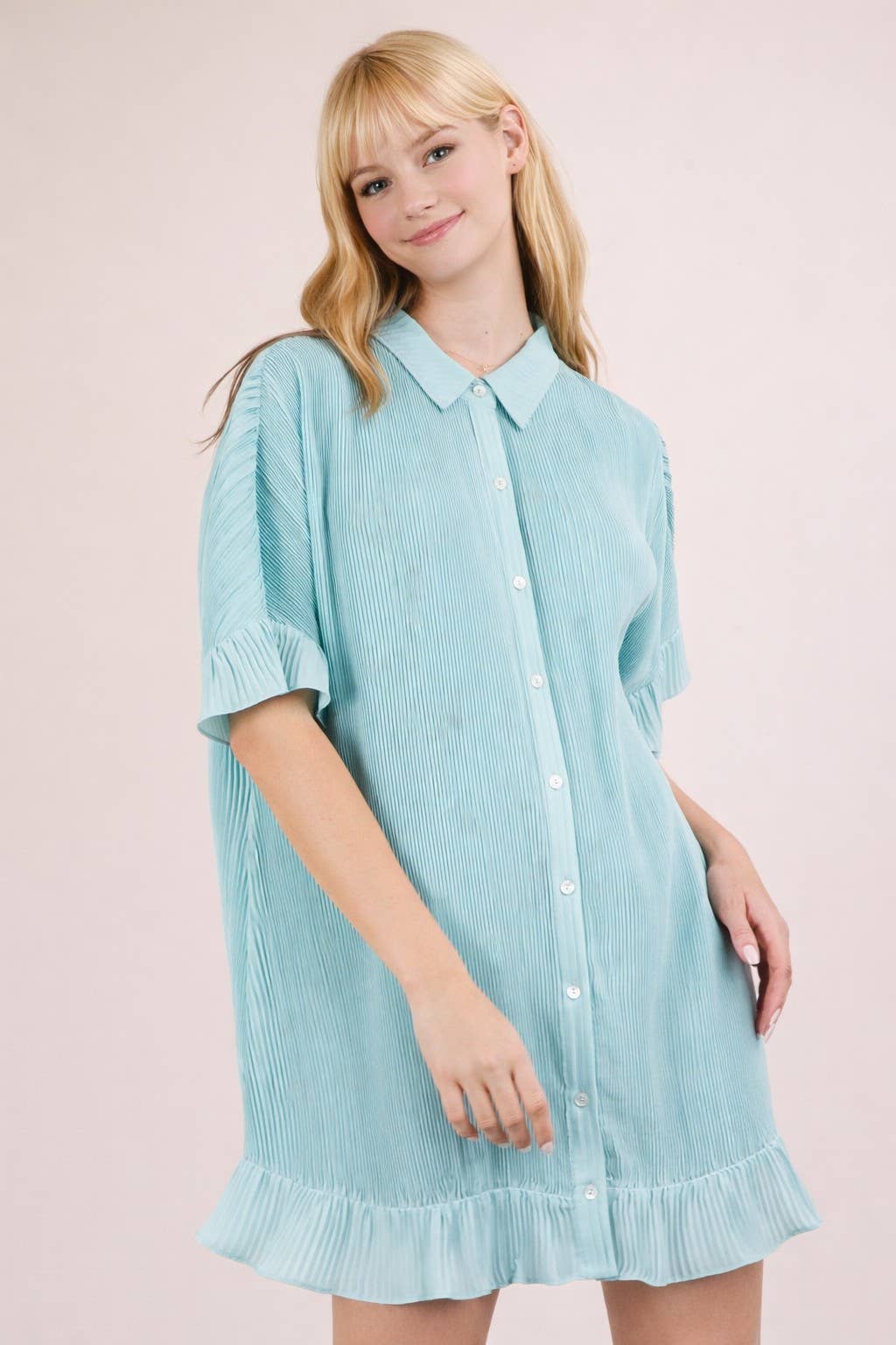ND31602-Pleated Detail Button Down Mini Dress
