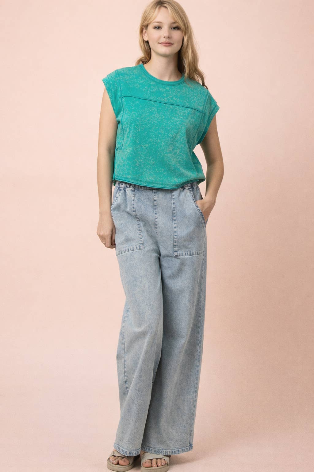 NT12173-Mineral Washed Sleeveless Casual Knit Top