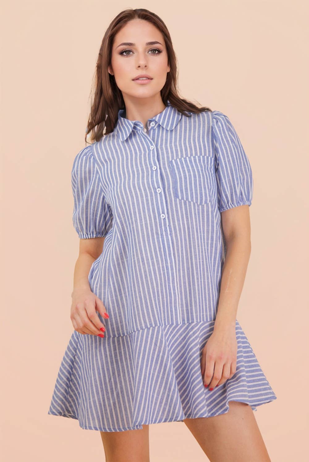 ND32029-Stripe Puff Sleeve Shirt Mini Dress